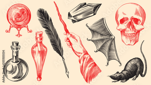 Foto Crystal ball feather potion bottles rat and bat Wizardry and witchcraft elements for magic rituals and spiritualism and halloween