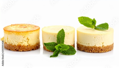 Three mini cheesecakes with mint leaves on a white background.