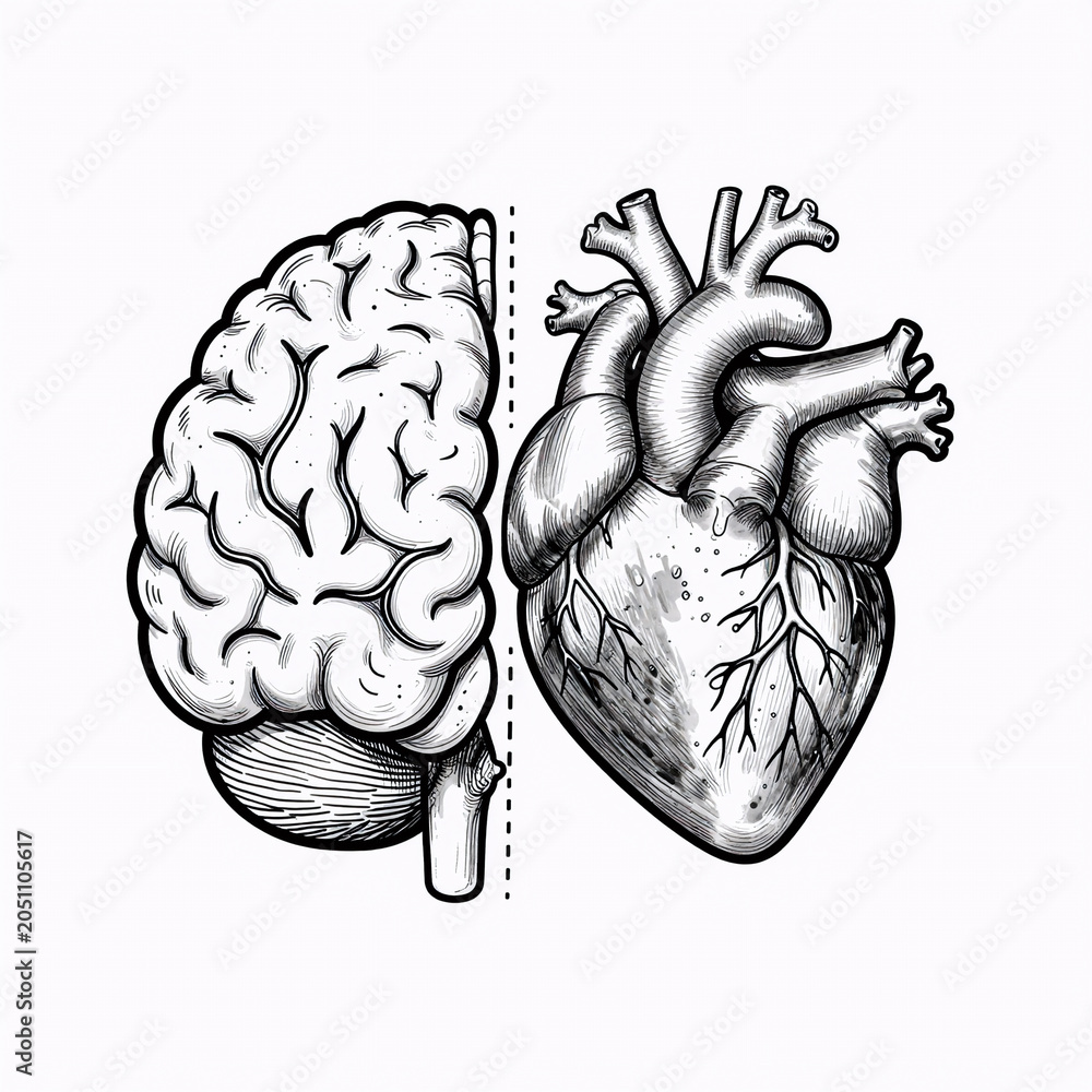 Fototapeta premium Sketch Brain Anatomical. Line Art Brain And Heart Halfs Logic & Emotion Isolated On White Background For Print Or Tattoo Design