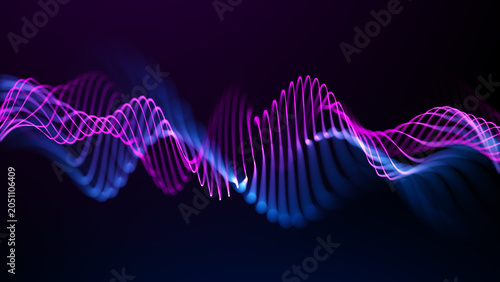 Blue violet wavy background with glowing wave surface, digital neon motion and futuristic light flow
