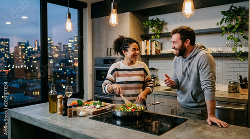 Happy couple cooking a healthy meal together in a modern kitchen at night with a city skyline view
