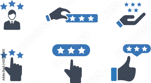 Hand selecting stars from a rating scale with blue and white icons representing customer feedback and evaluation