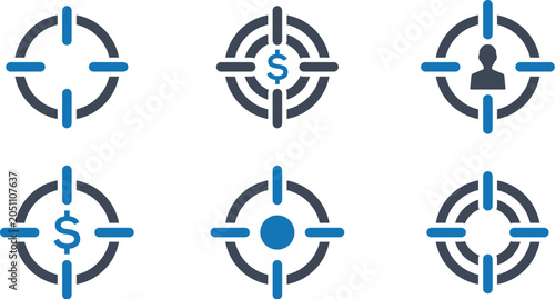 icons with person and dollar signs in a grid with blue and dark blue outlines on a white background