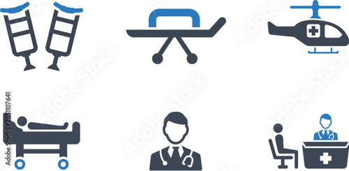 Medical Icons With Crutches Stretcher Helicopter Patient Bed Doctor Consultation And Ambulance for Healthcare Concepts
