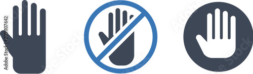 Foto Three dark blue hand icons indicating prohibition and stop signals on a white ba