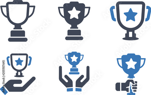 Trophy Icons Collection with Star Detail in Blue and Dark Blue on White Background