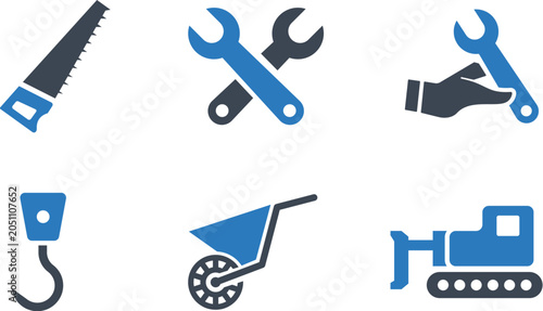 Tools icon set with wrench hand tool wheelbarrow saw and hook in flat design style