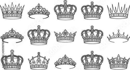 Photos Royal crown vector icon set featuring vintage black line art tiaras majestic queen diadems and king crowns isolated on white background for luxury graphic design
