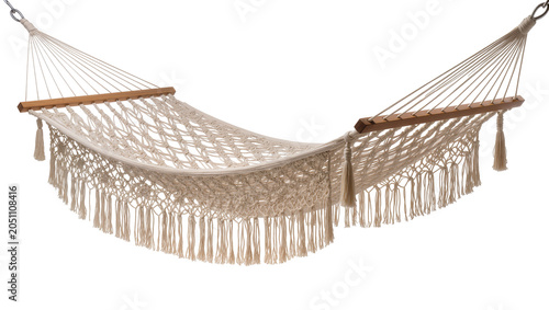 Tableau sur toile Macrame hammock with wooden spreader bars and tassels