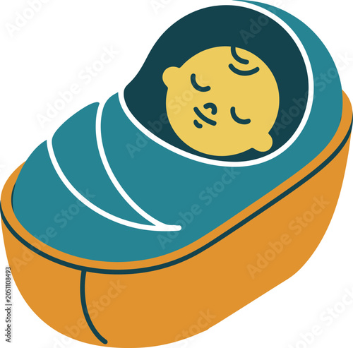 Obraz na plátně Sleeping baby wrapped in a swaddle in a bassinet or cradle illustration