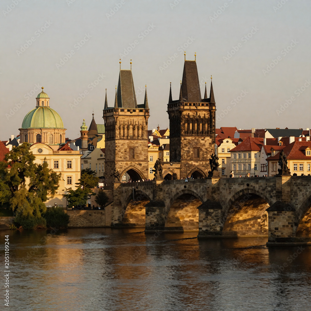 Obraz premium Whimsical Bridge Vltava. Charles Bridge And Prague'S Old Town Architecture Under An Evening Sunset In The Czech Republic