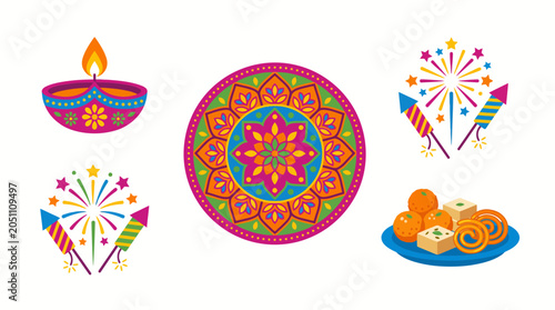 Vector illustration set of colorful Diwali festival elements including diya lamp, rangoli mandala, fireworks, and Indian sweets