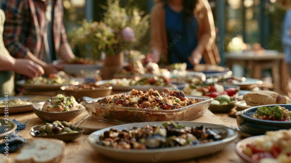 Fototapeta premium Diverse Homemade Dishes on Wooden Table with People Serving Food