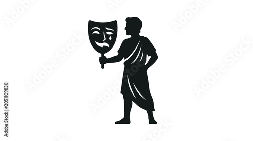 Silhouette of a man holding a theater mask with a sad face.