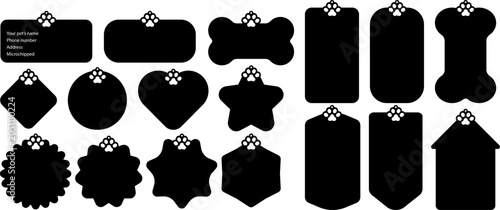 Foto Dog tag hook hang with dog paw holes icon set, heart bone shapes