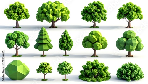 A collection of 3D rendered trees in various shapes and sizes