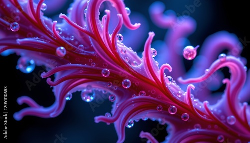 The image features a vibrant, pink, coral like structure with numerous slender, curving tendrils extending outward