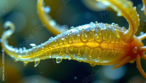 The image features a close up view of a small, elongated marine creature covered in tiny bubbles and water droplets, emphasizing its smooth, glossy surface