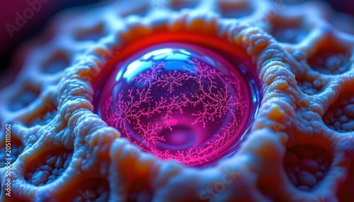 The image features a close up view of a vibrant, circular structure with a glowing central core