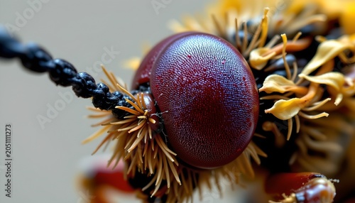 The image features a close up view of an insect, likely a beetle or a similar body structure, with a prominent, rounded, and textured body part that is reddish brown in color