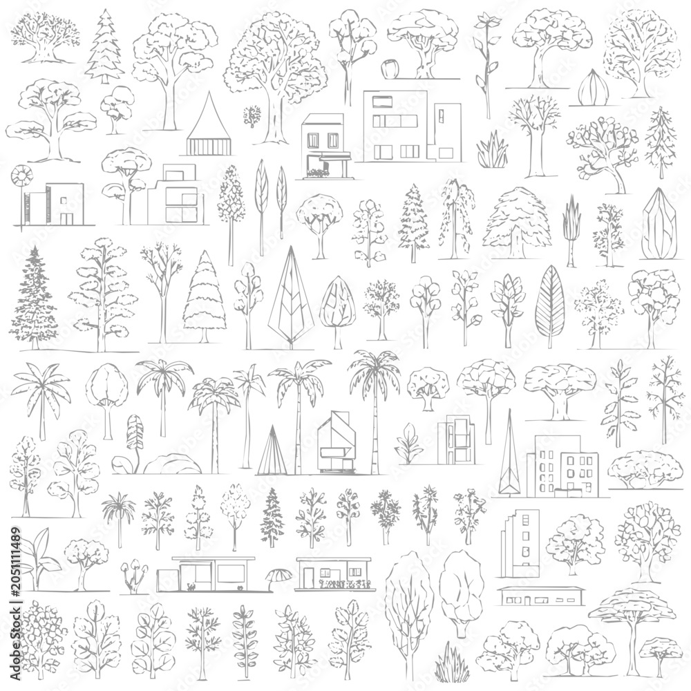 Obraz premium Comprehensive Set of Hand Drawn Tree Sketch Icons with Modern Building Architecture and Plant Elements for Landscape Design
