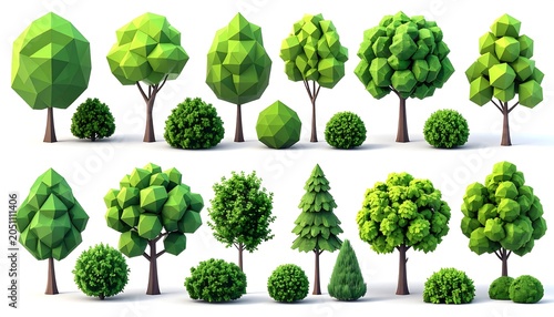 A collection of 3D rendered trees with varying green hues and shapes on a white background