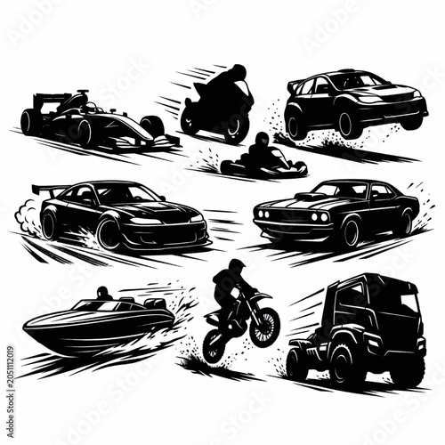 Foto Collection of diverse vehicles including cars, motorcycles, trucks, boats, and racing machines in dynamic action poses