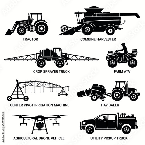 Collection of agricultural machinery and vehicles, including a tractor, combine harvester, and drone.