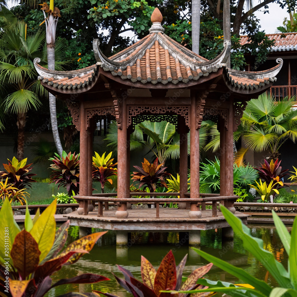 Fototapeta premium Traditional Chinese Painting Gazebo Urban. Gazebo By A Tropical Pond In Bogota