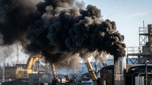 Industrial smokestack emitting black smoke against blue sky  
