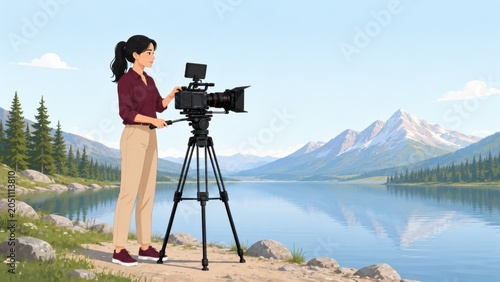 Professional Female Cinematographer Filming by Serene Mountain Lake