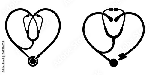 Tableau sur toile Two black silhouettes of stethoscopes shaped like hearts on a white background r