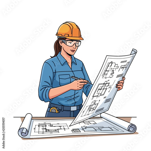 Female engineer reviewing construction blueprints.
