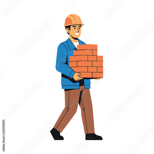 Man in hard hat carrying bricks.