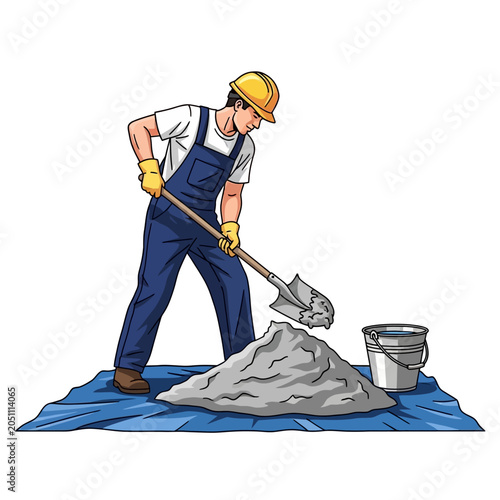 Man mixing cement with a shovel.