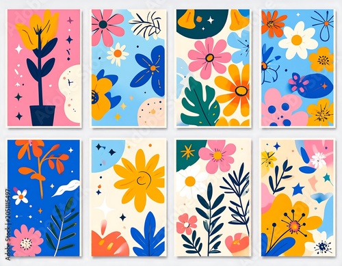 A collection of 8 colorful floral illustrations with various flowers and patterns