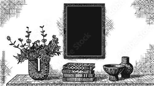 Artistic hand-drawn illustration of a bohemian decor interior scene featuring a blank frame and a beautiful floral arrangement on a table