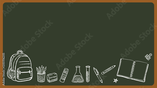 Fényképezés Back to school concept with educational doodle school books, textbooks, backpack, stationery supplies on green chalkboard background with educational doodle for new academic year begin