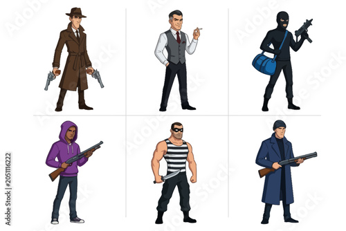 Tableau sur toile Criminal and Gangster Character Set Holding Weapons on White Background
