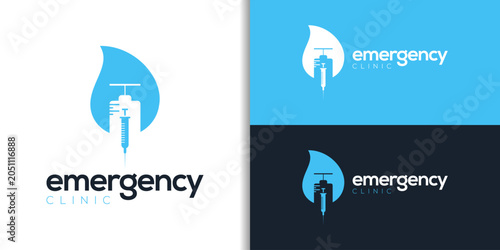 Foto A health clinic logo design featuring a syringe and a drop of water or fluid, symbolizing healing