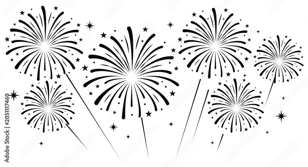 Obraz premium Minimalist firework icon burst vector illustration with small stars. Clean festive element isolated on a white background.