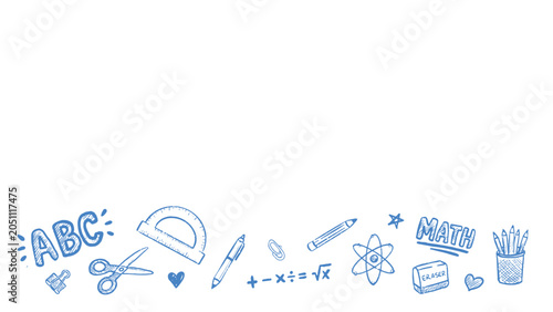 Hand drawn blue doodle school equipment ABC text scissors protractor atom on a clean white background and copy space for educational banners. back to school.