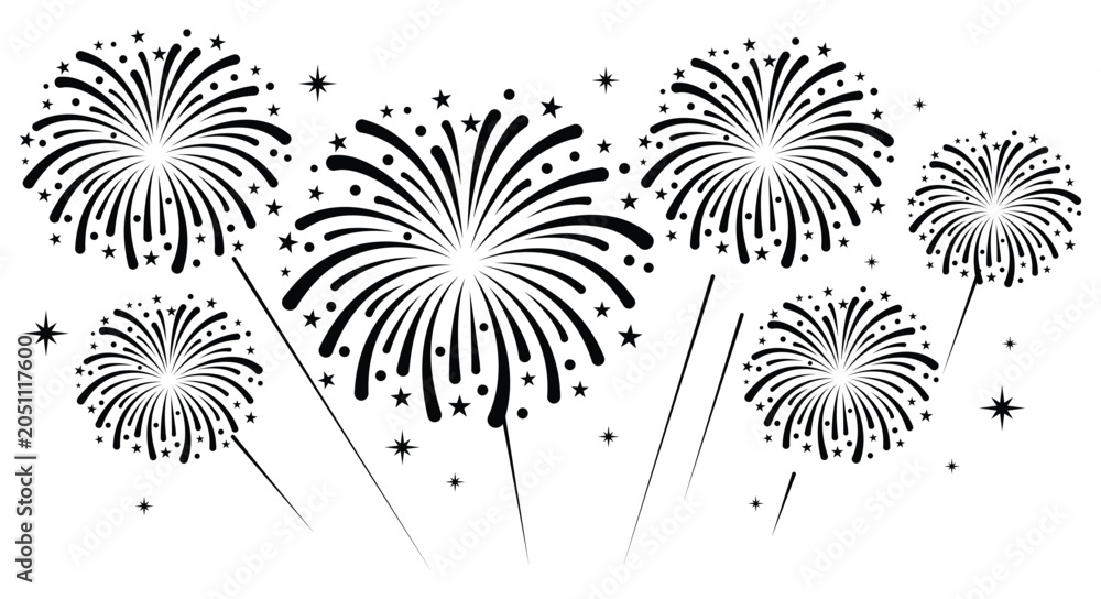Obraz premium Minimalist firework icon burst vector illustration with small stars. Clean festive element isolated on a white background.
