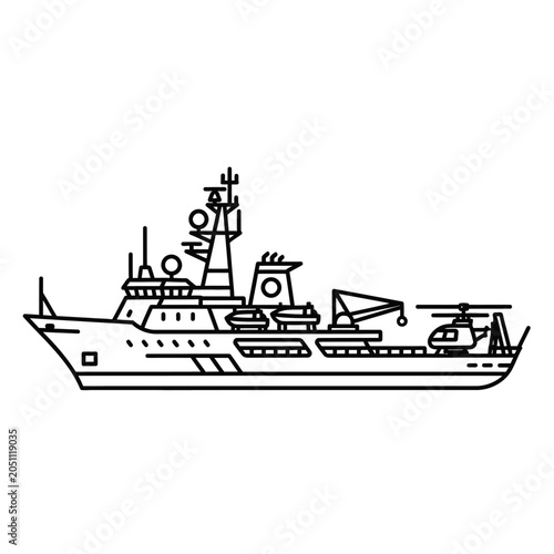 Simple line drawing of a naval warship with helicopter and crane on deck