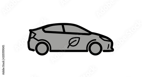 Simple line drawing of a grey car with a leaf symbol on its side