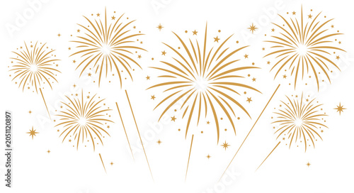 Tableau sur toile Gold fireworks with bold, rounded starburst trails exploding over a white background
