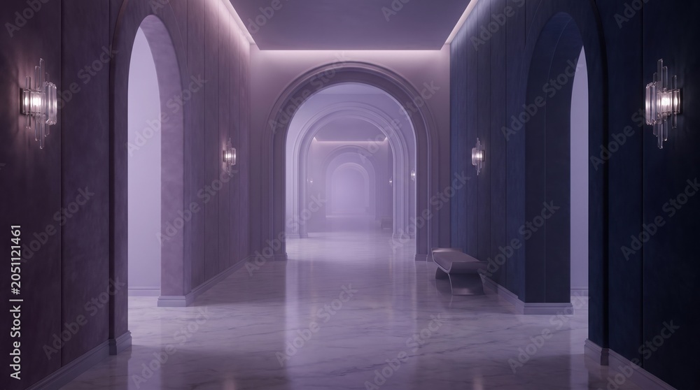Fototapeta premium Empty luxury corridor with arched doorways and marble floor