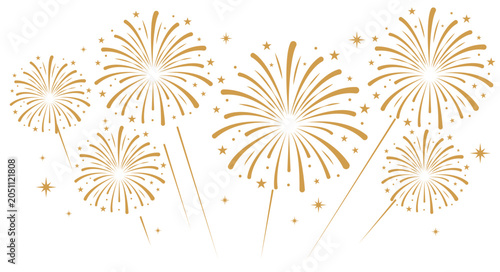 Tableau sur toile Gold fireworks with bold, rounded starburst trails exploding over a white background