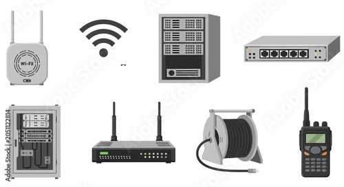 A collection of various computer networking and communications equipment icons arranged on a plain background