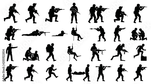 Photos Silhouette icons of soldiers in various combat positions and actions
